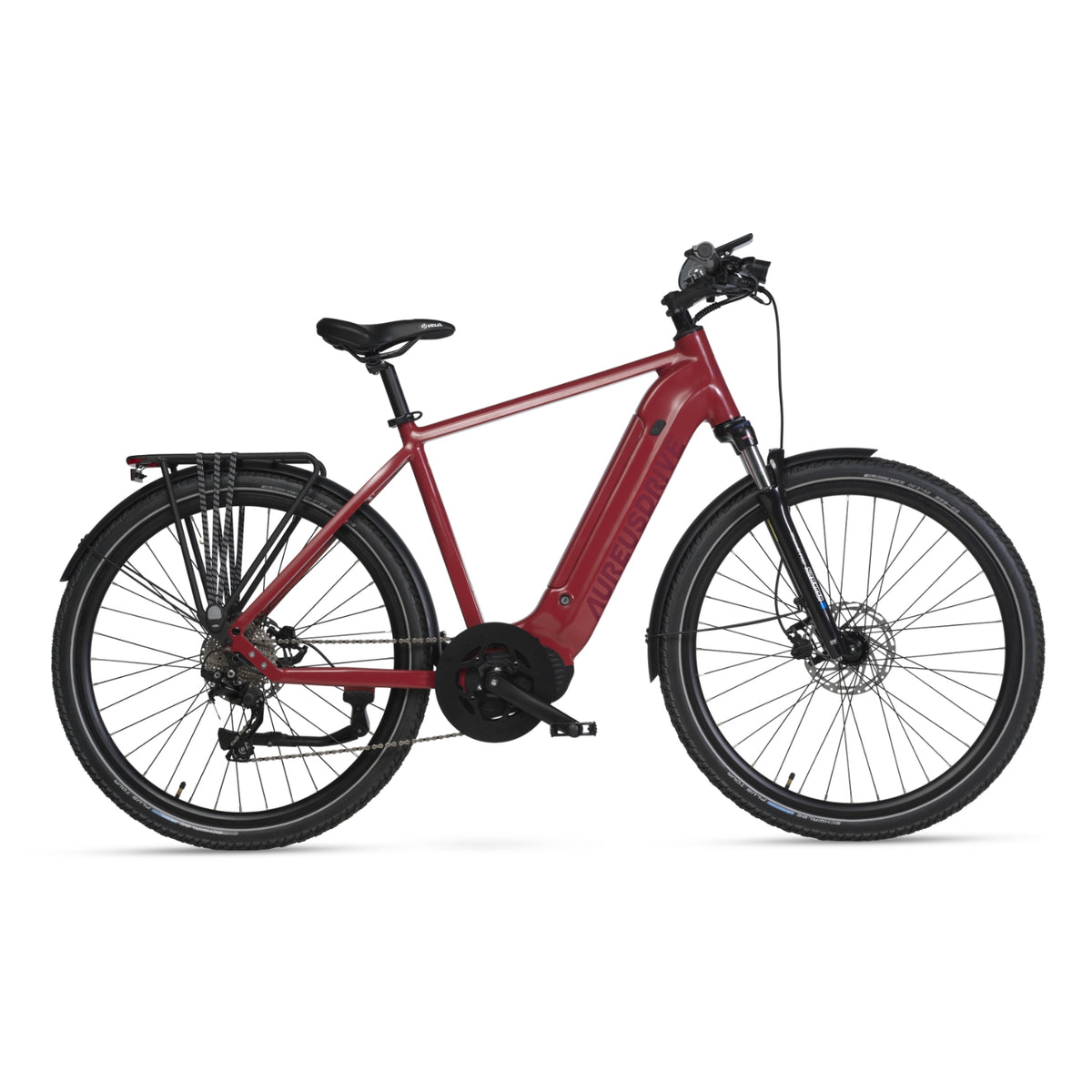 AureusDrive DailyDrive E-Bike Weinrot mit hohem Einstieg und Kettenantrieb für Pendler.