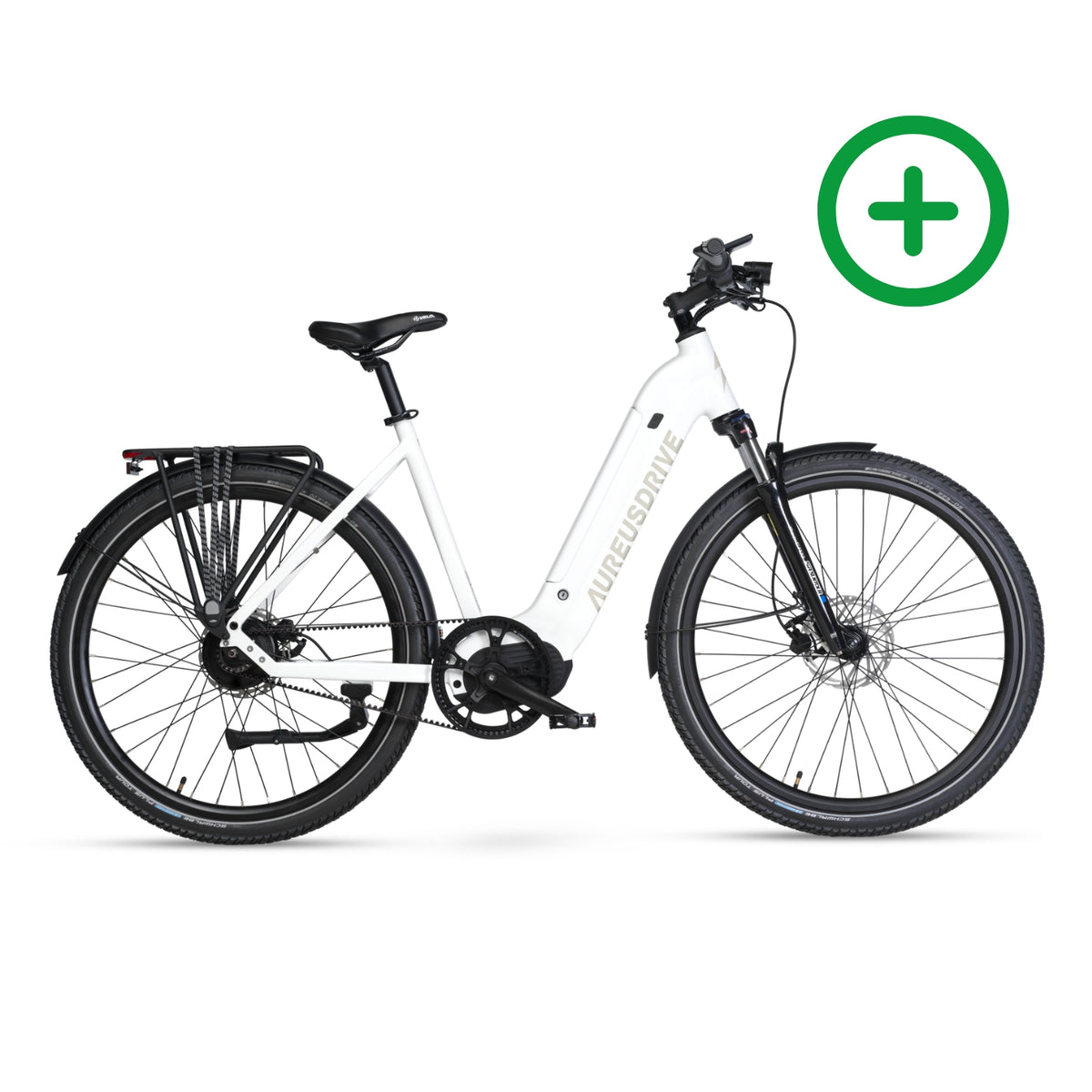AureusDrive DailyDrive Plus E-Bike Weiss mit tiefem Einstieg und Riemenantrieb.