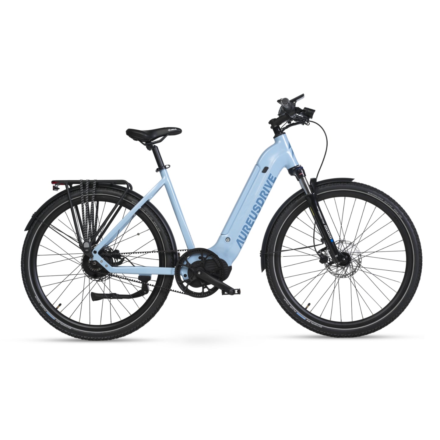 AureusDrive DailyDrive E-Bike Airy blau mit tiefem Einstieg und Riemenantrieb.
