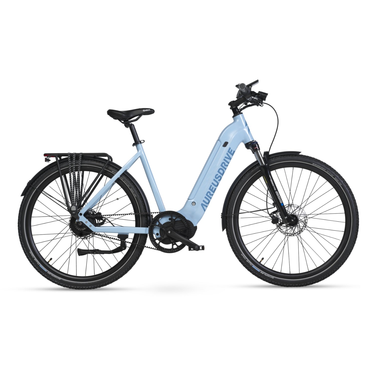 AureusDrive DailyDrive E-Bike Airy blau mit tiefem Einstieg und Riemenantrieb.