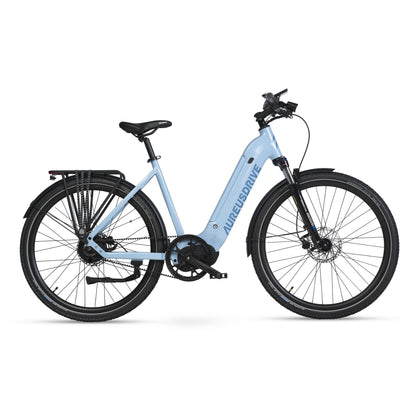 AureusDrive DailyDrive E-Bike Airy blau mit tiefem Einstieg und Riemenantrieb.