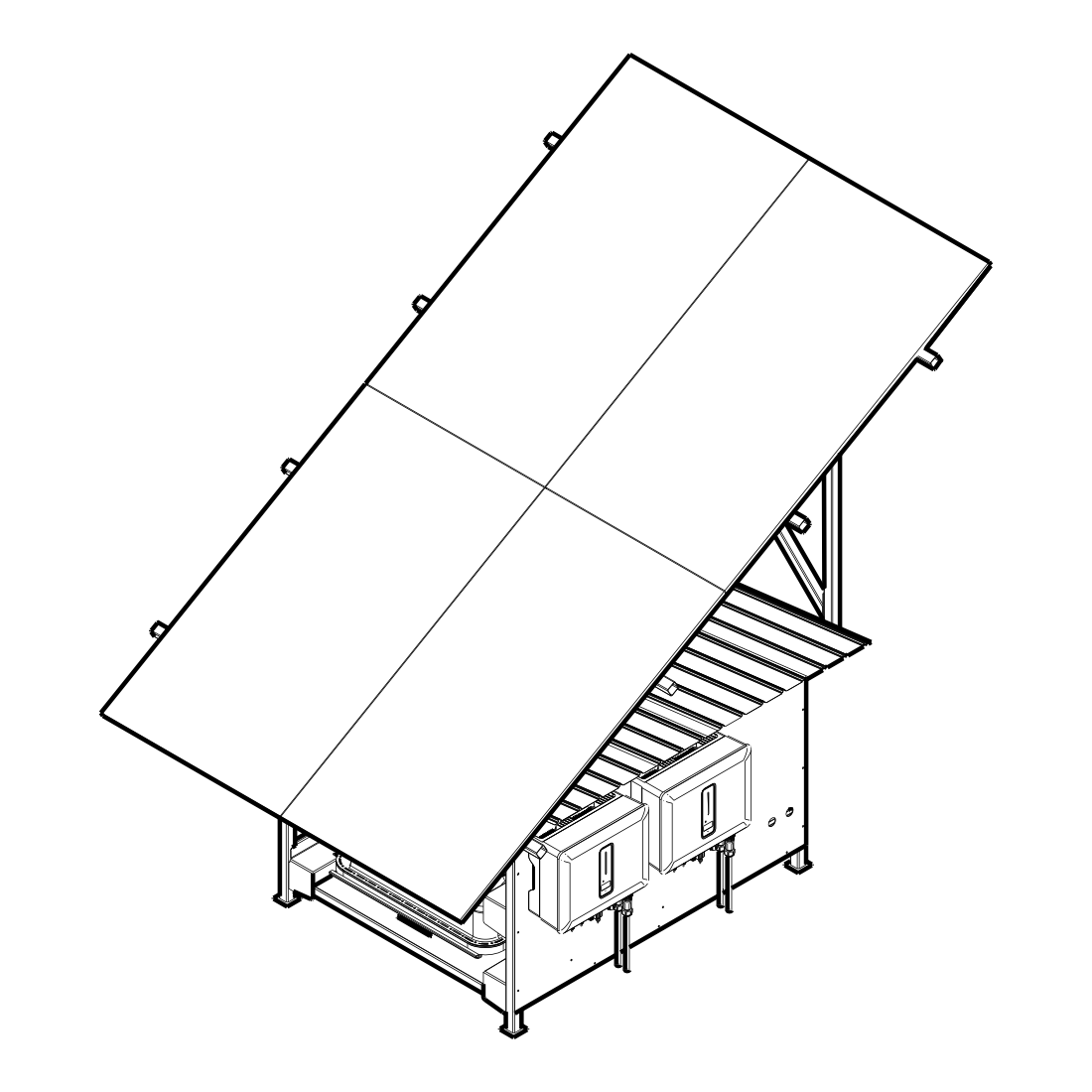 Technische Isometrie-Zeichnung des upVolt Power Tower: freistehendes Gestell mit Solarmodulen und Wechselrichtern.