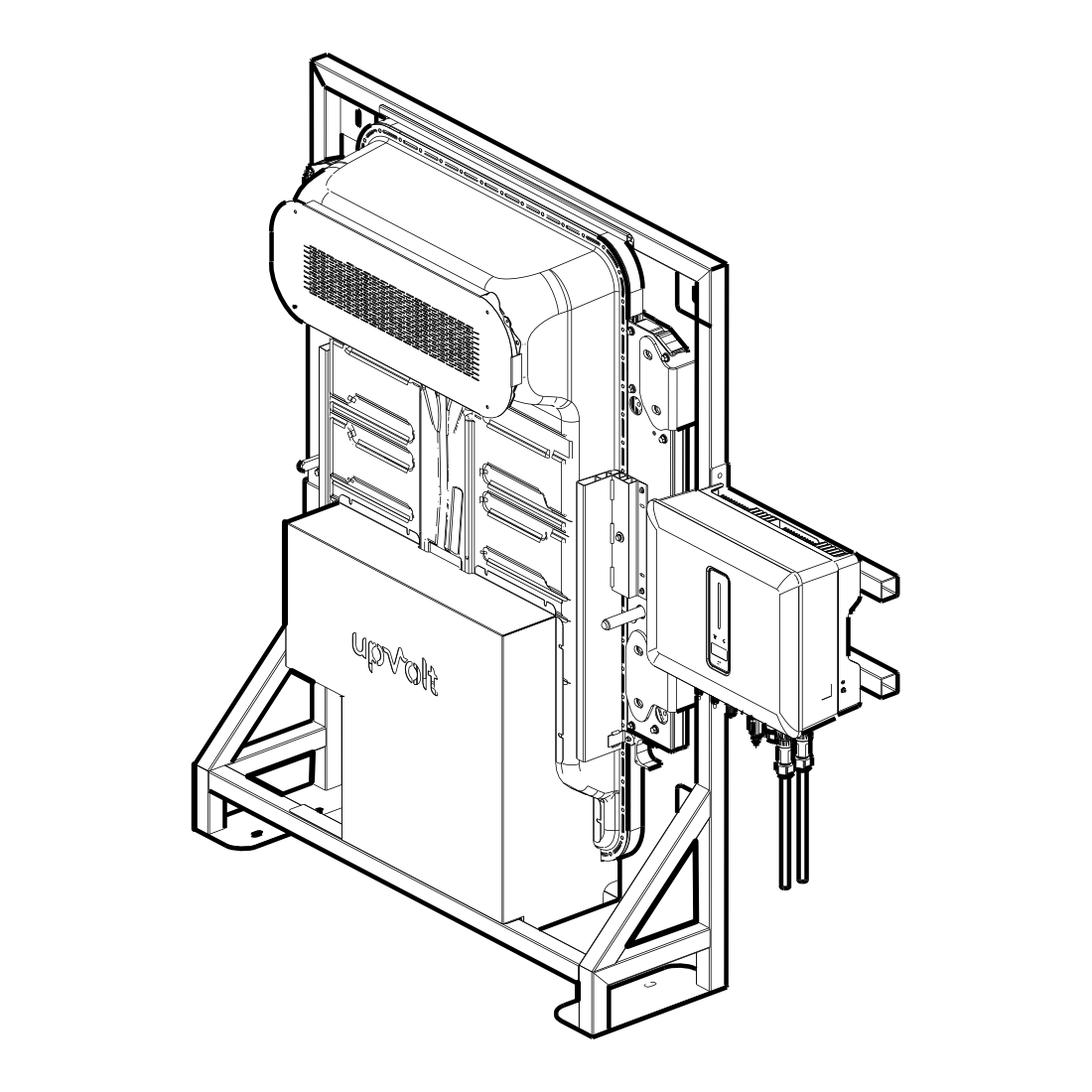 Technische Isometrie-Zeichnung der upVolt Power Unit: Batteriemodul im Stahlrahmen mit Wechselrichter.