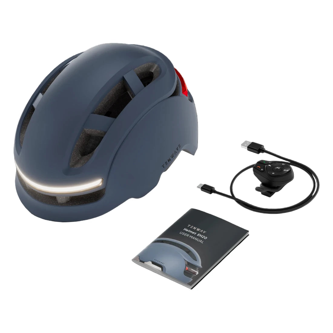 Tenways EH20 Smart Helm Lieferumfang mit Fernbedienung und Ladekabel – Ansicht 1