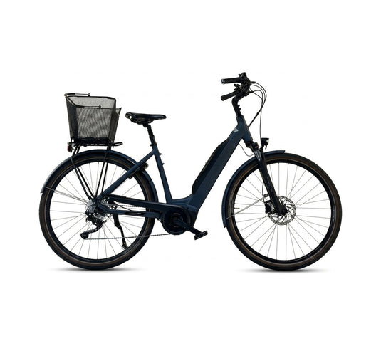 Crosswave Pro-Wave E-Bike in Dunkelblau, Tiefeinsteiger mit Frontkorb, 25 km/h – Seitenansicht