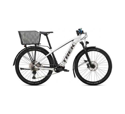 Trek Powerfly 5 E-Bike in Weiss, Hardtail mit Korb und Gepäckträger, 25 km/h – Seitenansicht