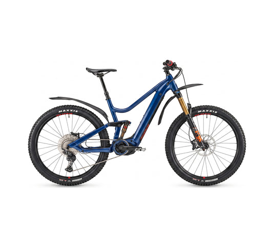 Moustache Samedi 27 Wide 3 E-Mountainbike in Blau, Fully mit Maxxis-Reifen, 25 km/h – Seitenansicht