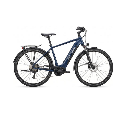 Tour de Suisse Broadway Trekking-E-Bike in Blau, Diamantrahmen mit Gepäckträger, 25 km/h – Seitenansicht