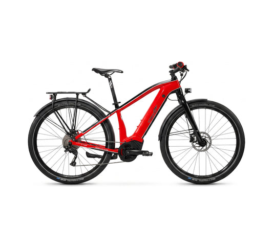 E-Bike P003 in Rot, Grösse S, sportliches Trekkingrad mit Gepäckträger, 25 km/h – Seitenansicht