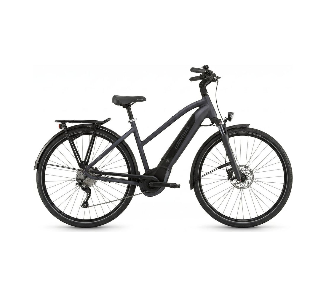 Winora Sinus i10 Trekking-E-Bike in Grau, Trapez-Rahmen Grösse 42 cm, 25 km/h – Seitenansicht